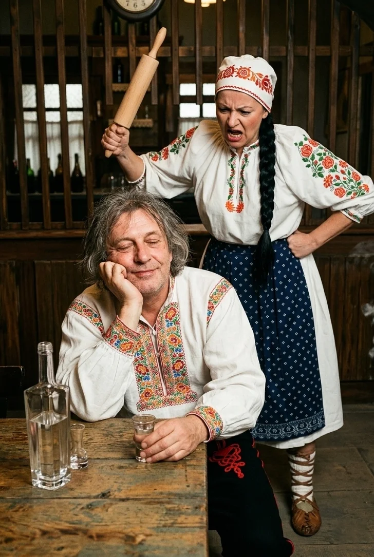 Slovenská krčma - žena a muž v Slovenských krojoch