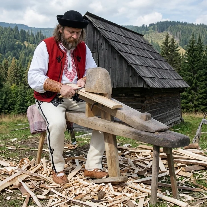 Remeselník pri výrobe dreveného štiepaného šindľa a na sebe má oblečený slovenský kroj